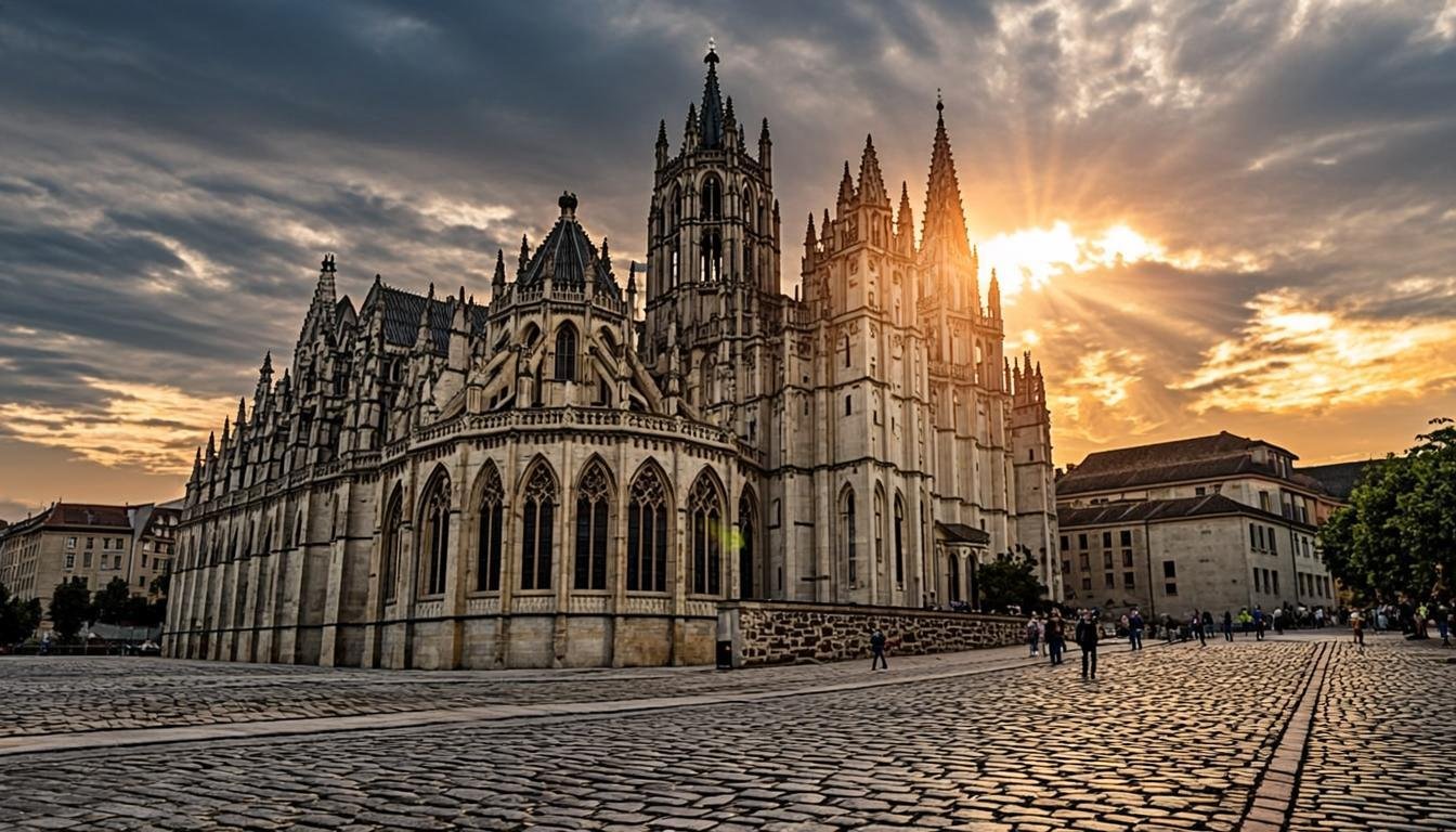 Historic European monastery plaza at dusk with golden light