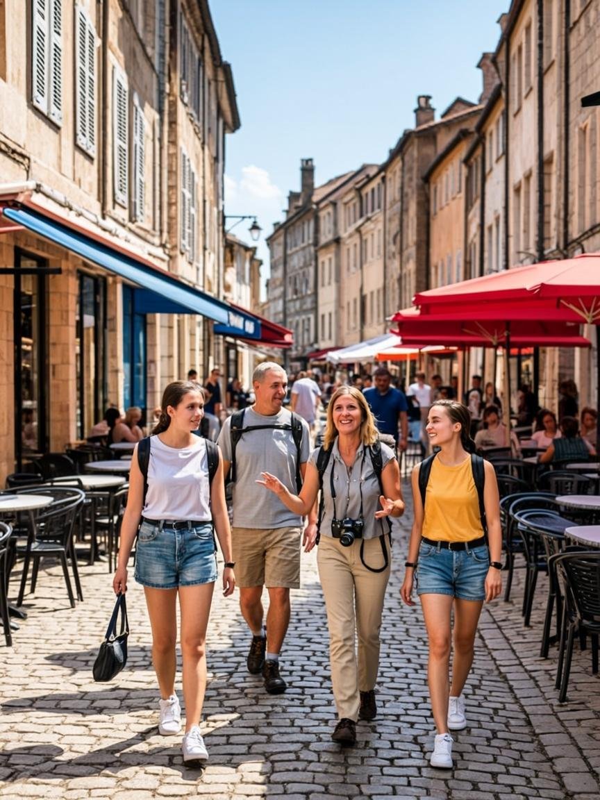 Tour guide leading a group of travellers through a European city