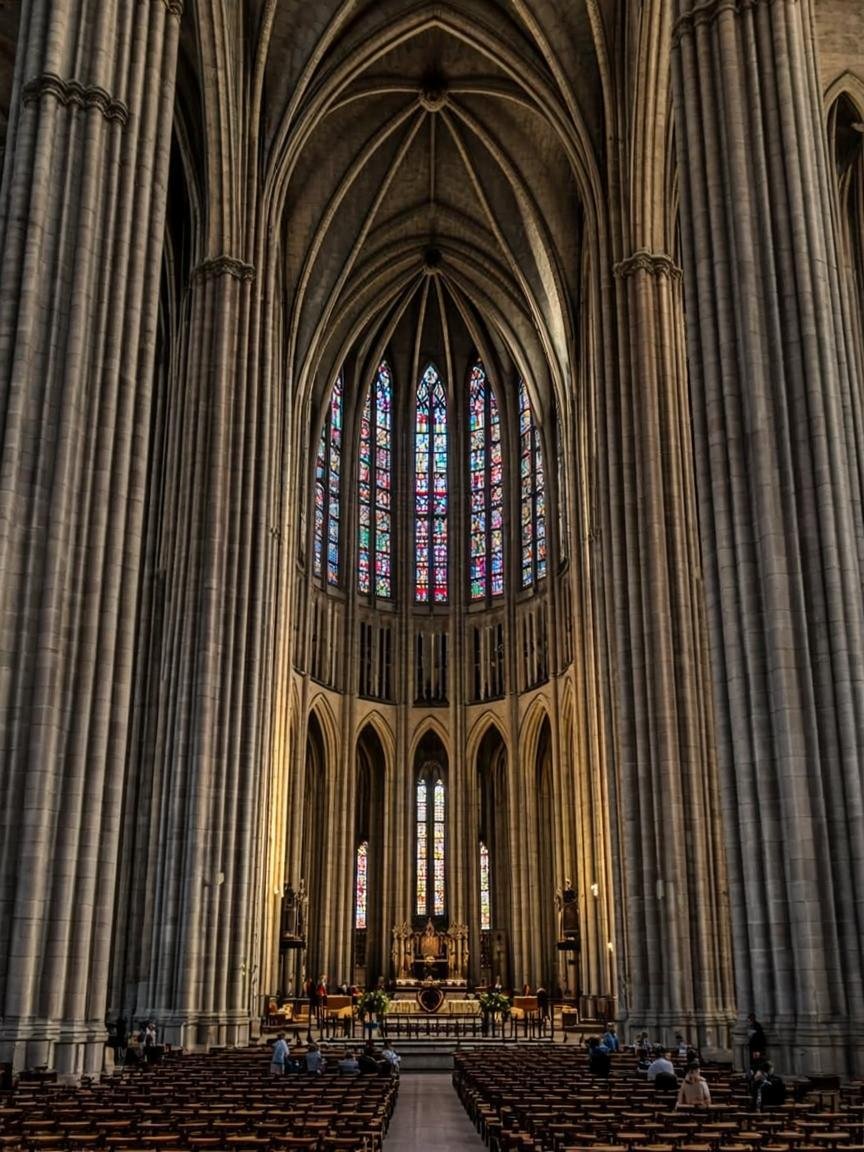 Light streaming through stained glass windows of a gothic cathedral