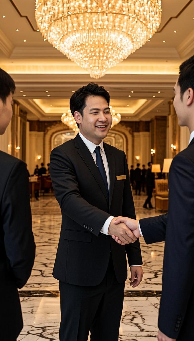Hotel concierge welcoming a guest with a warm handshake in a luxury lobby